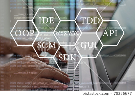 Abbreviations that every programmer should know, such as OOP, SCM, VCS, WYSIWYG, GUI, API, IDE, TDD, SDK. Programmers sit and write programs with their laptop computers. Close up, Blurred background Abbreviations that every programmer should know, such as OOP, SCM, VCS, WYSIWYG, GUI, API, IDE, TDD, SDK. Programmers sit and write programs with their laptop computers. Close up, Blurred background 78256677