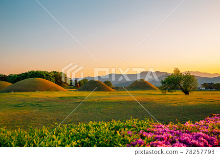 Sunset of Inwang-dong ancient tomb complex in Gyeongju, Korea 78257793
