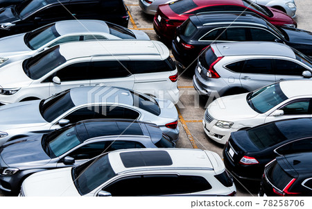 Car parked at parking lot of the airport for rental. Aerial view of car parking lot of the airport. Used luxury car for sale and rental service. Automobile parking space. Car dealership concept. 78258706