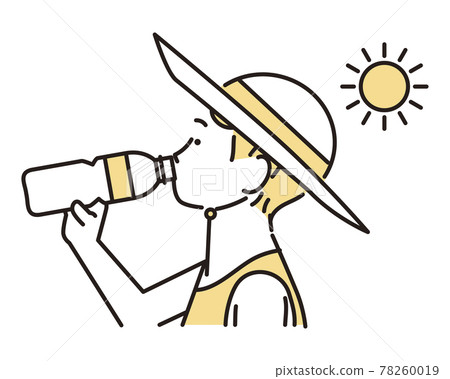 Simple illustration: A boy wearing a hat drinking water from a plastic bottle 78260019
