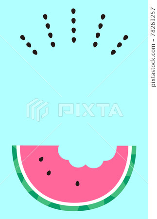 Illustration card of half-eaten pink watermelon and popping seeds Illustration card of half-eaten pink watermelon and popping seeds 78261257