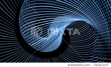 3d render. Abstract geometric bg with rings form complex twisted spiral and light effects. Rings flash neon blue lights. Neon ring bulbs for show or events, festivals 78262187