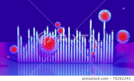 3d render. Abstract graph of descending columns or bars around which coronaviruses like covid-19 fly. Pandemic reduction concept. 3d abstract infographic background. 3d render. Abstract graph of descending columns or bars around which coronaviruses like covid-19 fly. Pandemic reduction concept. 3d abstract infographic background. 78262241