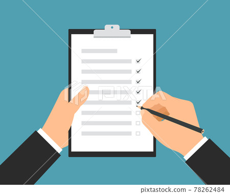 Hand of a manager holding a sheet of paper with a to-do list. Pencil marks completed tasks, vector 78262484