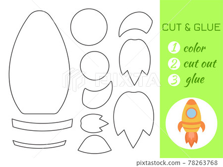 Color, cut and glue paper yellow rocket. Cut and paste craft activity page. Educational game for preschool children. DIY worksheet. Kids logic game, activities jigsaw. Vector stock illustration. 78263768