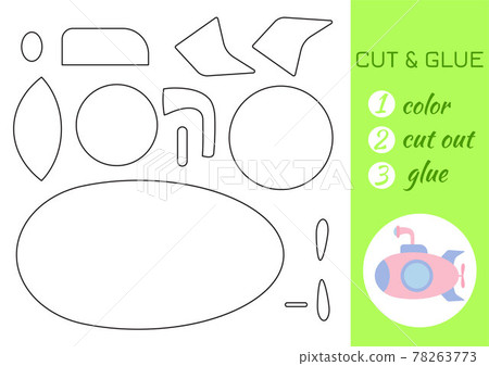 Color, cut and glue paper pink submarine. Cut and paste craft activity page. Educational game for preschool children. DIY worksheet. Kids logic game, activities jigsaw. Vector stock illustration. 78263773