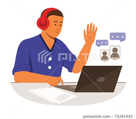 Freelance Man is Online Working with Laptop and Listening from Headphone. 78265491