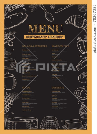 Restaurant and bakery menu template. Hand drawn vector food illustration on chalkboard black background. Restaurant and bakery menu template. Hand drawn vector food illustration on chalkboard black background. 78267383