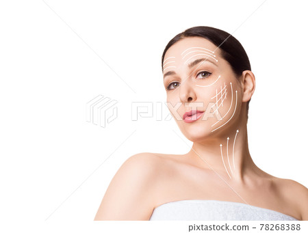Beautiful female face, highlighted with arrows main facial lifting lines, isolated on white. Headshot of well groomed caucasian woman plus size, hair back, strapless. Beautiful female face, highlighted with arrows main facial lifting lines, isolated on white. Headshot of well groomed caucasian woman plus size, hair back, strapless. 78268388