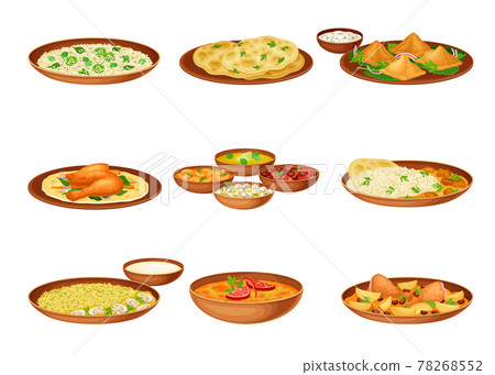 Dishes and Main Courses of Indian Cuisine with Rice and Spices Served on Plates and Garnished with Herbs Vector Set Dishes and Main Courses of Indian Cuisine with Rice and Spices Served on Plates and Garnished with Herbs Vector Set 78268552