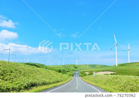 Hokkaido Soya Hills Summer blue sky and wind power generation 78270362