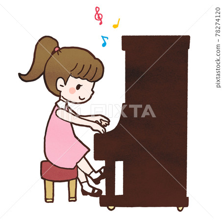 Illustration of a girl playing an upright piano 1 78274120
