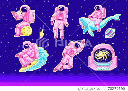 Pixel art astronaut. Spaceman 8 bit objects. Space art, digital icons. cosmonaut on a whale, moon 78274590