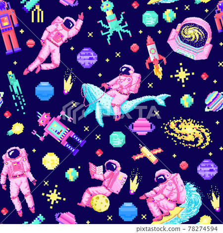 Space stars Seamless pattern. Alien spaceman, robot rocket and satellite cubes solar system planets Space stars Seamless pattern. Alien spaceman, robot rocket and satellite cubes solar system planets 78274594