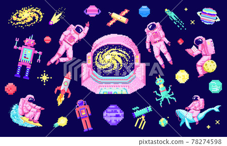 Set of space stars, alien spaceman, robot rocket and satellite cubes solar system planets pixel art 78274598