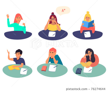 Students and schoolchildren sitting at a desk. 78274644