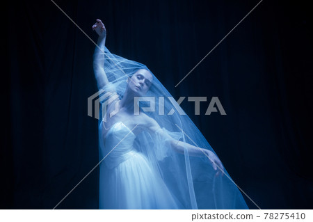 Loneliness. Young graceful beautiful woman, balerina in white wedding dress in art performance. Loneliness. Young graceful beautiful woman, balerina in white wedding dress in art performance. 78275410