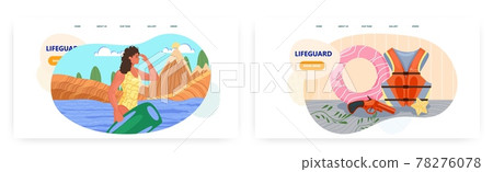 Lifeguard landing page design, website banner vector template set. Female professional beach rescuer with rescue buoy. 78276078