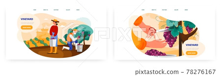 Vineyard landing page design, website banner vector template set. Farmers picking grapes in plantation. Wine production. 78276167
