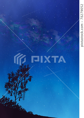 Milky Way and Summer Triangle Landscape Illustration Watercolor Tanabata Strip Background Material Vertical 78279052