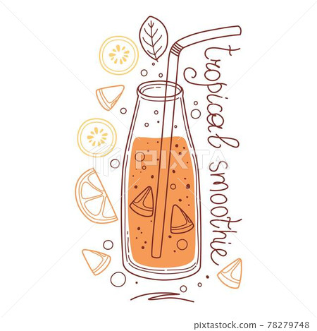 Tropical detox drink, fruit smoothies, organic lemonades in glass bottle, jar and jug with straws. Refreshing summer homemade beverages. Colored flat vector illustration isolated on white background 78279748