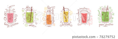 Set of detox drinks, fruit smoothies, organic lemonades in glass bottles, jars and jugs with straws. Refreshing summer homemade beverages. Colored flat vector illustration isolated on white background 78279752