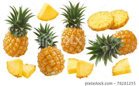 Pineapple set isolated on white background. Whole fruit, round and triangular slices 78281255