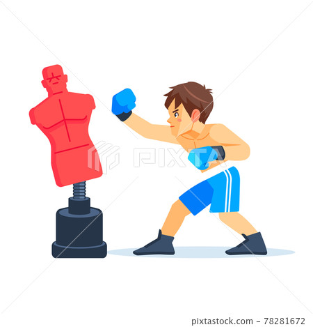 Boxer boy training with punching dummy. Teenager boxing, hitting a Punching bag - mannequin. Fitness, sport, training, will power and lifestyle concept. Cartoon vector illustration on white background 78281672
