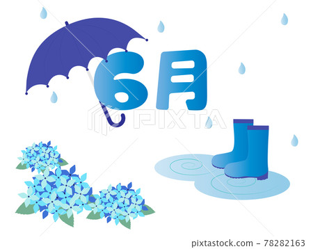 June illustration, umbrella, hydrangea and boots 78282163