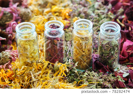 Glass bottles of medicinal herbs - helichrysum, rose petals, calendula, wild marjoram. Dry plants, herbs and flowers on table. Alternative medicine. 78282474