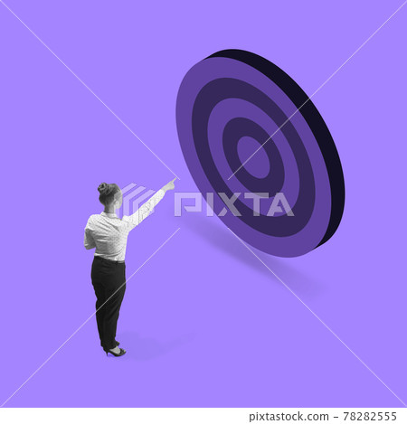 Art collage. Young woman, office worker standing isolated on purple background. Concept of finance, economy, professional occupation Art collage. Young woman, office worker standing isolated on purple background. Concept of finance, economy, professional occupation 78282555