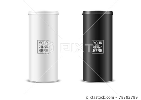 Vector 3d Realistic Blank Glossy White, Black Metal Tin Can, Canned Food, Potato Chips Packaging With Lid Set Isolated On White Background. Design Template, Mockup. Front View 78282789