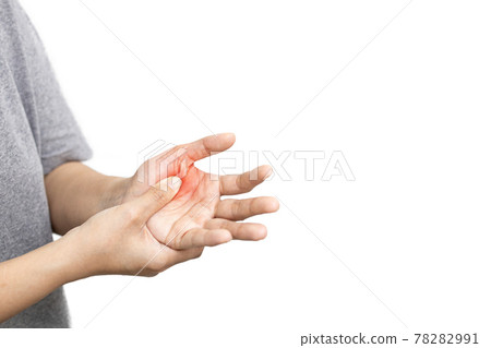 Lady woman touching her palm that was painful,inflammation of the fingers,numbness on the hand,female with carpal tunnel syndrome,sore muscles bones and tendons to wrist,sensation of tingling,numbness 78282991