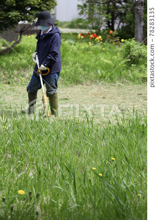 一位中年婦女用家用電動割草機割花園 78283135