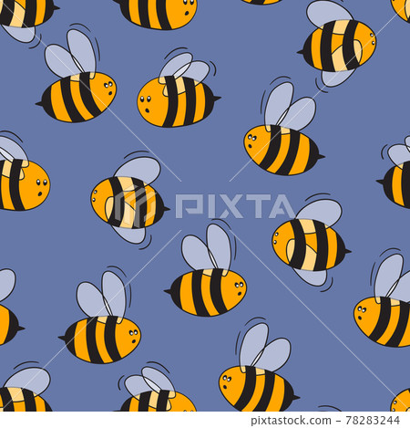 Seamless pattern with bees on color background. Small wasp. Vector illustration. Adorable cartoon character. Template design for invitation, cards, textile, fabric. Doodle style Seamless pattern with bees on color background. Small wasp. Vector illustration. Adorable cartoon character. Template design for invitation, cards, textile, fabric. Doodle style 78283244