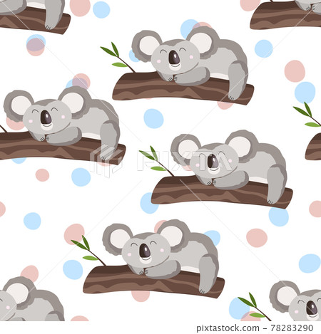 Seamless pattern with cute koala baby on color background. Funny australian animals. Card, postcards for kids. Flat vector illustration for fabric, textile, wallpaper, poster, gift wrapping paper. 78283290