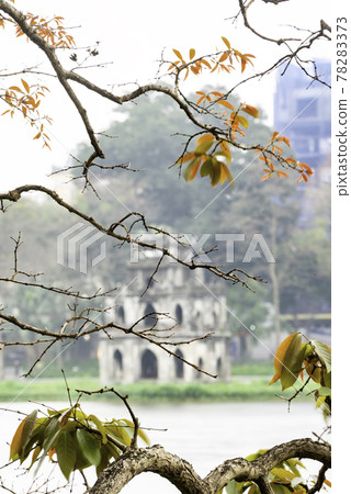 Branch of yellow leaves with Turtle Tower (Rua Tower) on the foundation of Ho Guom Lake, the center of Hanoi, beautiful scenery in the spring. Branch of yellow leaves with Turtle Tower (Rua Tower) on the foundation of Ho Guom Lake, the center of Hanoi, beautiful scenery in the spring. 78283373