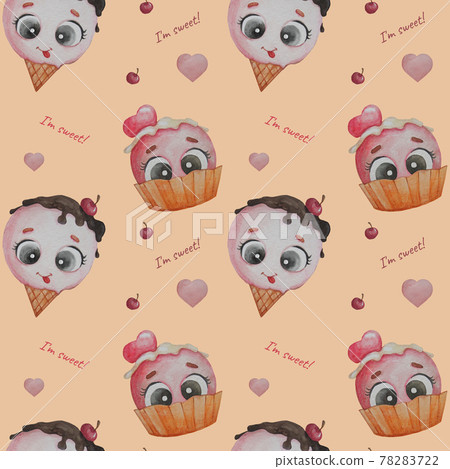 Seamless pattern. Funny cute ice cream with eyes in a waffle cup on a beige background. Watercolor. Hand drawing for wallpaper, decor, printing, packaging, textiles and decor Seamless pattern. Funny cute ice cream with eyes in a waffle cup on a beige background. Watercolor. Hand drawing for wallpaper, decor, printing, packaging, textiles and decor 78283722