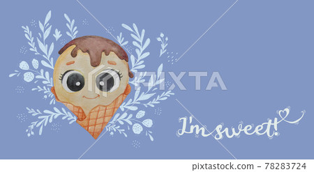 Cute character. chocolate ice cream ball with eyes in a waffle cup on a blue background with a floral pattern. horizontal poster with the text I am sweet. Watercolor illustration. Childrens collection 78283724