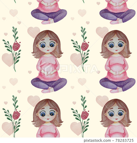 Happy pregnancy seamless pattern. A cute pregnant woman in pink sits and does yoga, folded her hands on her stomach on a delicate pink background with flowers and hearts. Watercolor 78283725