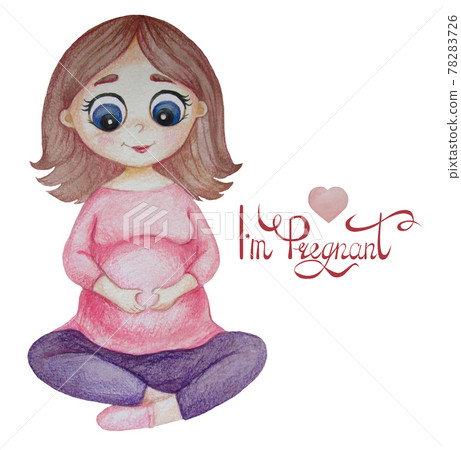Cute happy pregnant woman in pink sitting and doing yoga with her hands on her stomach in the shape of a heart. White background with the inscription - I'm pregnant. Watercolor Cute happy pregnant woman in pink sitting and doing yoga with her hands on her stomach in the shape of a heart. White background with the inscription - I'm pregnant. Watercolor 78283726