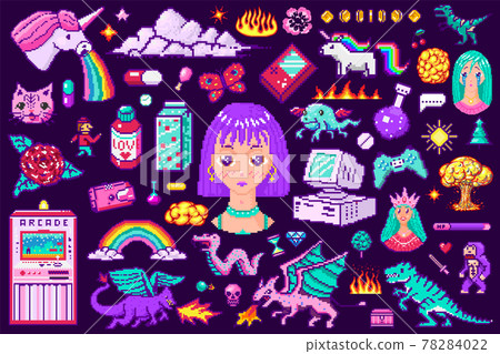 Pixel art 8 bit objects. Retro digital game assets. Set of Pink fashion icons. Vintage stickers for Pixel art 8 bit objects. Retro digital game assets. Set of Pink fashion icons. Vintage stickers for 78284022
