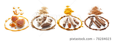 Circle of spices and honey on white background 78284023