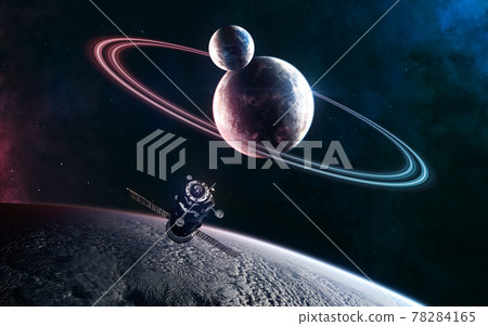 Deep space planets in light of blue and red star. Orbital space station 78284165