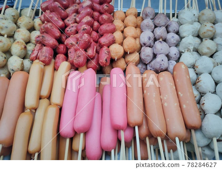 Sausage sticks and various meatballs sticks made from pork. Sausage sticks and various meatballs sticks made from pork. 78284627