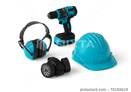 Isometric view of green construction tools for repair on white 78288629