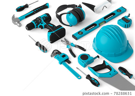 Isometric view of green construction tools for repair on white 78288631