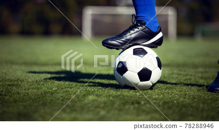 Soccer ball on green playground. Soccer concept Soccer ball on green playground. Soccer concept 78288946