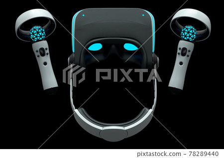Virtual reality glasses and controllers for online gaming on black background Virtual reality glasses and controllers for online gaming on black background 78289440