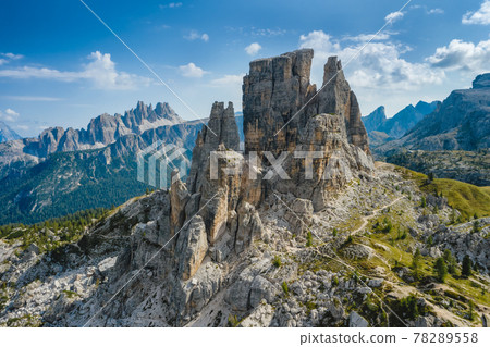 Aerial view of Cinque Torri in Dolomites mountains in Italy. Epic landscape on a sunny day of summer 78289558
